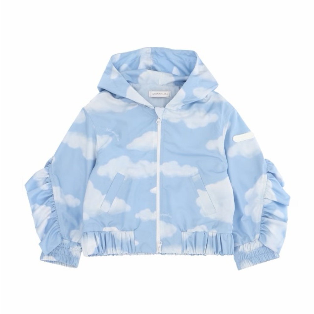 MonnaLisa Light Blue and White Cloud Print Hooded Raincoat